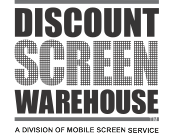 Discount Screen Warehouse logo on black background.